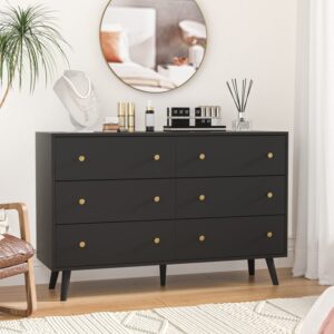 SINROM Black Dresser for Bedroom, Modern 6 Drawer Dresser, Wide Chest of Drawers with Gold Handles, Wood Double Dresser Storage Cabinet for Living Room, Bedroom, Hallway