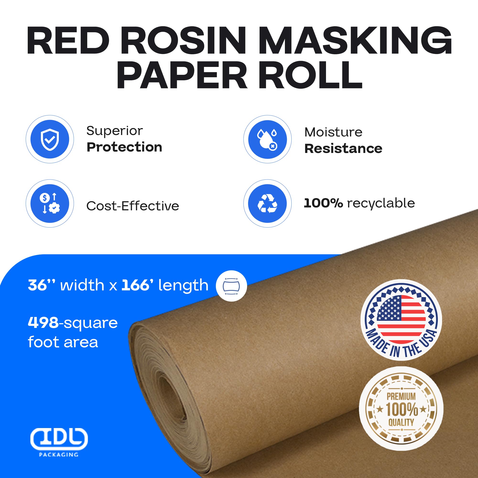 Brown Rosin Masking Paper 36" x 166' – 66 lb Thickness Floor Covering for Painting – Masking Paper for Painting and Construction – Painters Paper for Painting and Surface Protection by IDL Packaging