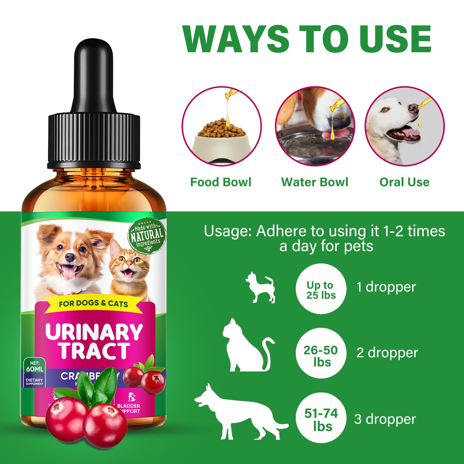 Urinary Tract Infection Treatment Drops for Dogs, UTI Treatment with Cranberry-Kidney for Pet Renal Health, Prevent Incontinence & Bladder Stones