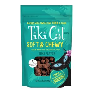 tiki cat soft & chewy treats, tuna flavor, 3 calories per treat with grain-free and no added gluten, 6 oz pouch (pack of 1)