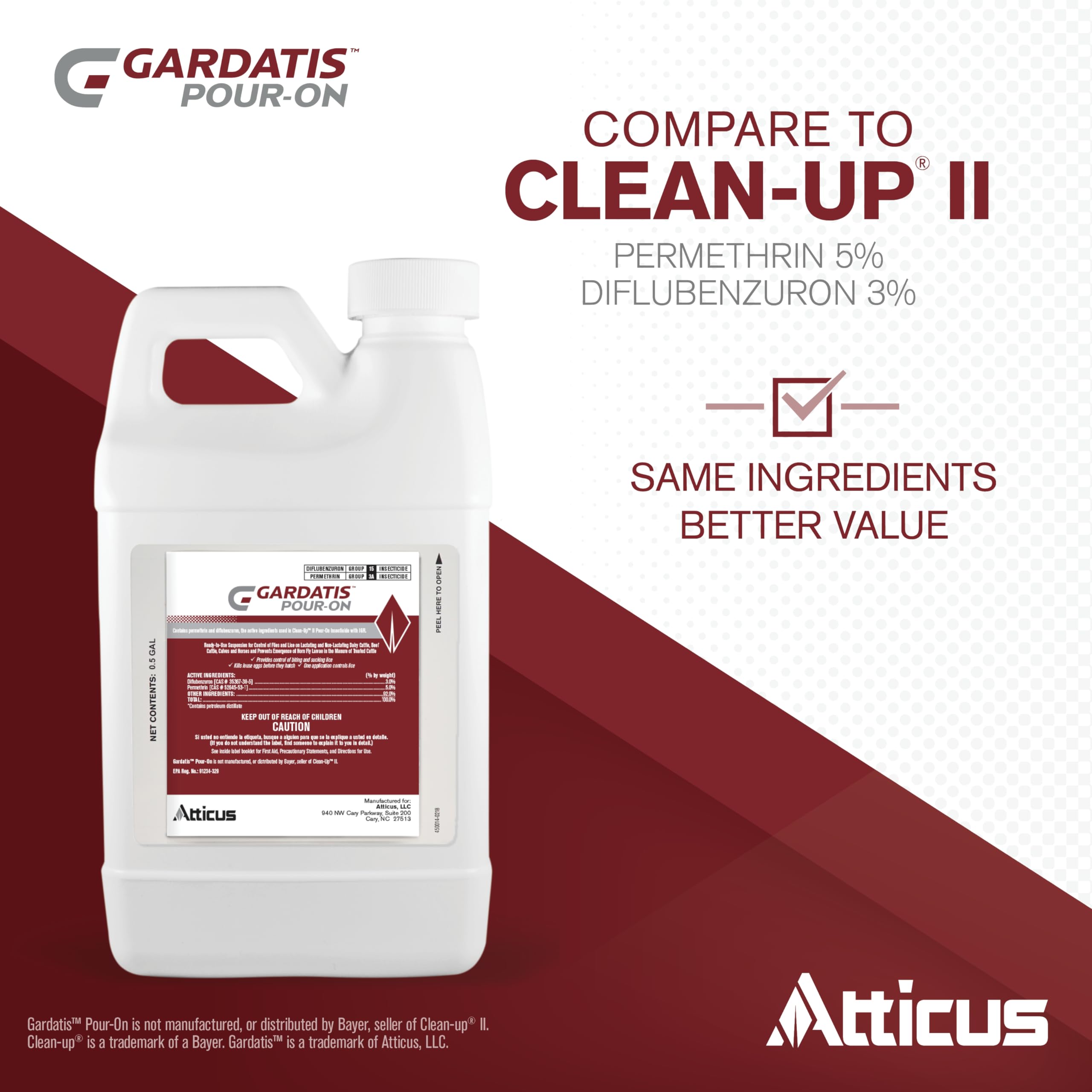 Gardatis Pour-On Insecticide with IGR (1/2 Gal) by Atticus - Control Lice, Flies, and Ticks on Cattle and Horses - Compare to Clean-Up II - Permethrin 5.0% and Diflubenzuron 3.0%