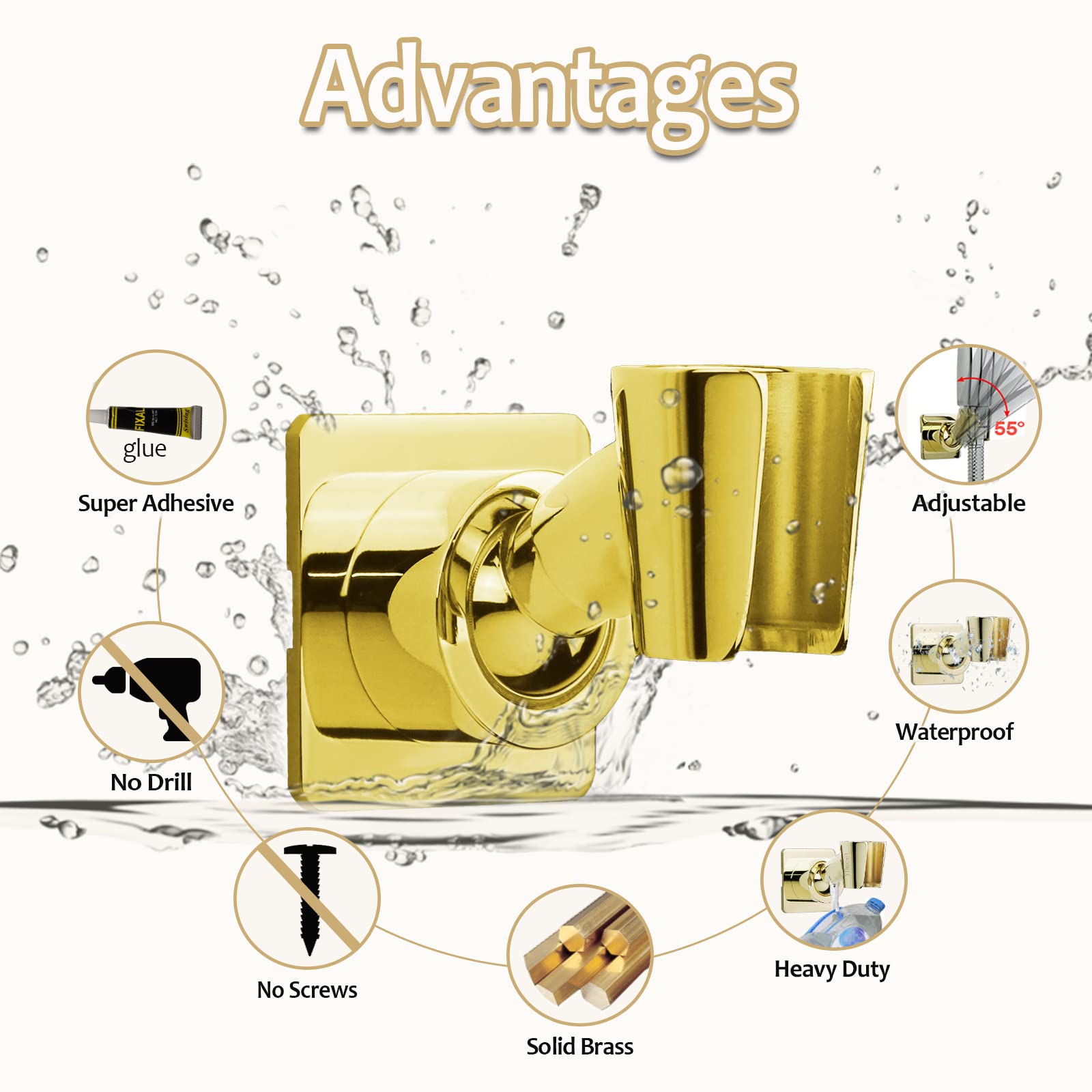 YDmeet Shower Head Holder for Handheld Shower Wand and Shower Diverter Valve with Elbow Outlet Desgin, All Metal Brass, Polished Gold