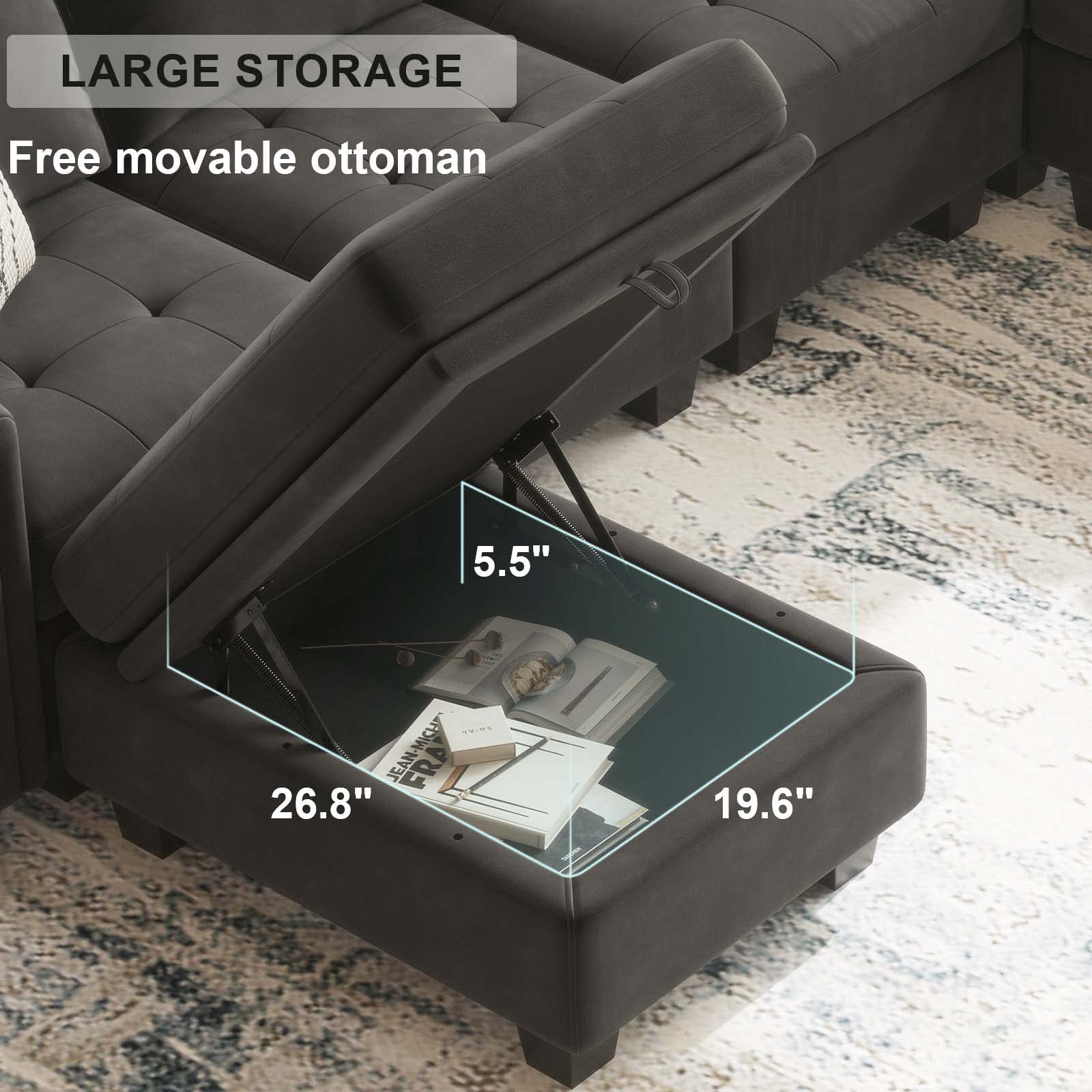 Belffin Velvet Ottoman Module with Storage for Modular Sofa Sectional Couch Rectangular Ottoman with Storage Ottoman Bench Footstool Grey