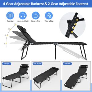 COSTWAY Folding Chaise Lounge Chair, Foldable Pool Lounger with 4-Position Adjustable Backrest, 2-Position Footrest & Soft Pillow, Patio Tanning Chair for Beach, Poolside (1, Black)