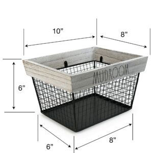 Rae Dunn Mudroom Wire Storage Basket – Metal and White Wash Wood Bin – Decorative Storage Bin for Mudroom, Entryway, Closet, Shoes, and More – Mudroom Ideas