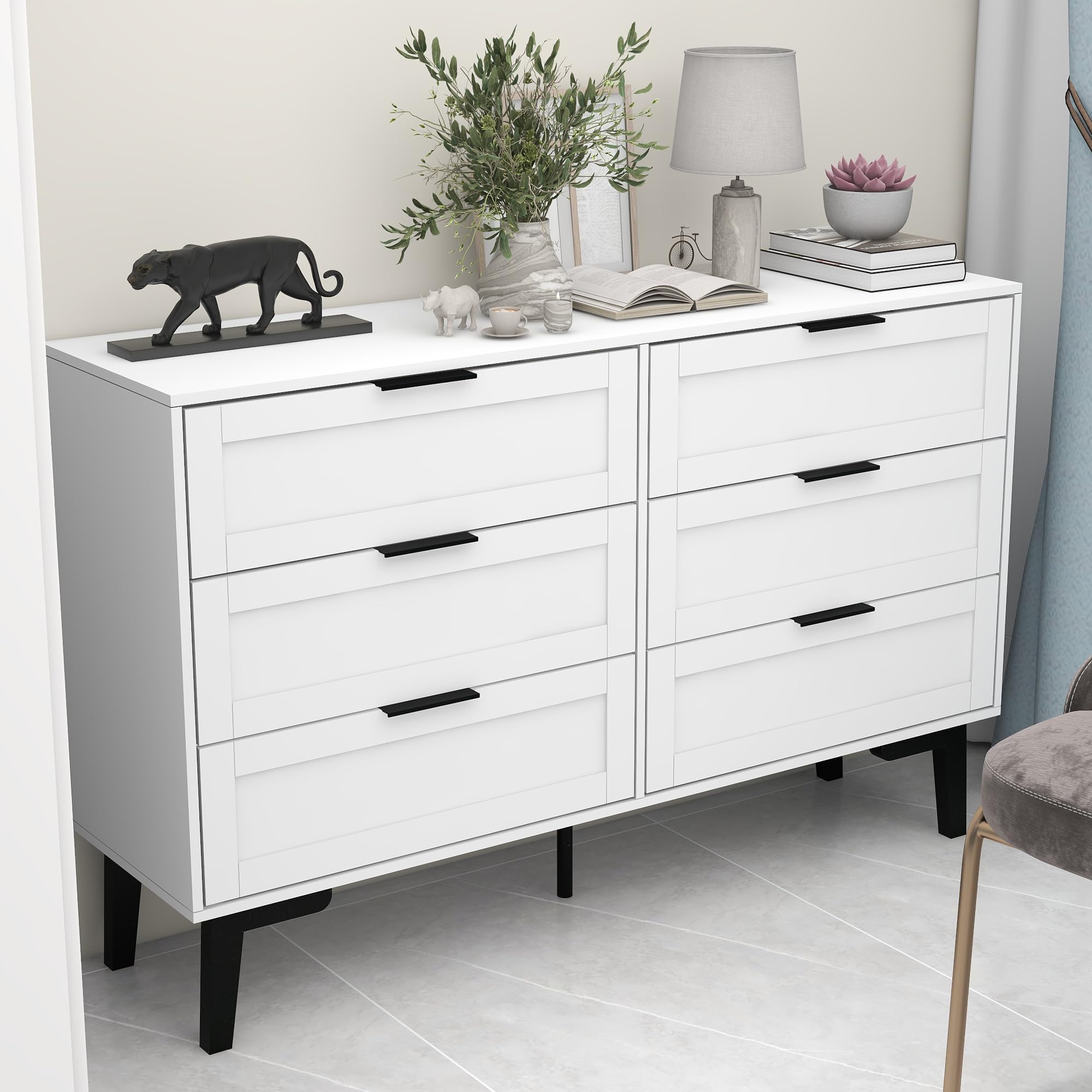 TaoHFE 6 Drawer Dresser for Bedroom Modern White Chest of Drawers for Nursery Wood Dresser for Kids Horizontal Dressers & Chests of Drawers for Bedroom Living Room (White/ 6 Drawer)