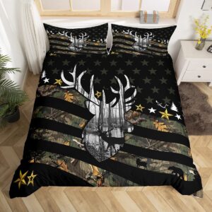 erosebridal camouflage queen duvet cover, american flag themed bedding set for boys men, reindeer elk deer hunting comforter cover, camo military green queen bed set hunter wild animal decor black