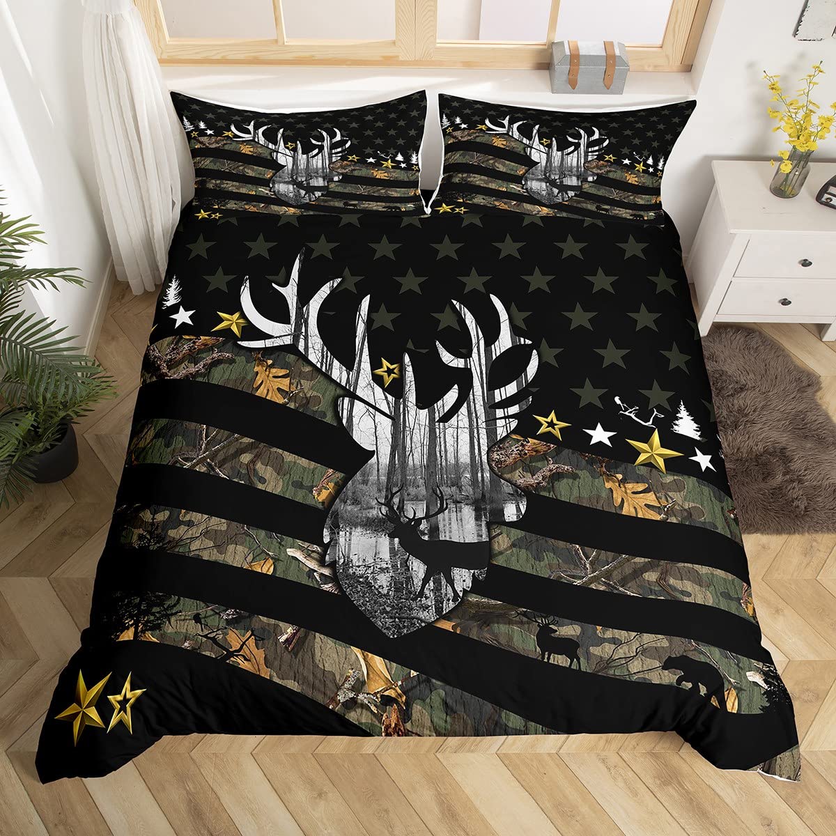 Erosebridal Camouflage Queen Duvet Cover, American Flag Themed Bedding Set for Boys Men, Reindeer Elk Deer Hunting Comforter Cover, Camo Military Green Queen Bed Set Hunter Wild Animal Decor Black