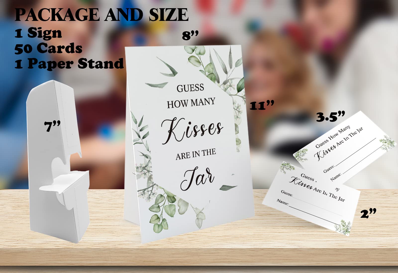 Guess How Many Kisses Are in the Jar Game-1 Standing Sign and 50 Guessing Cards, Greenery Bridal Shower Games, Baby Shower Sign, for Boys Girls Baby Shower Favors and Weddings Party Decoration-02