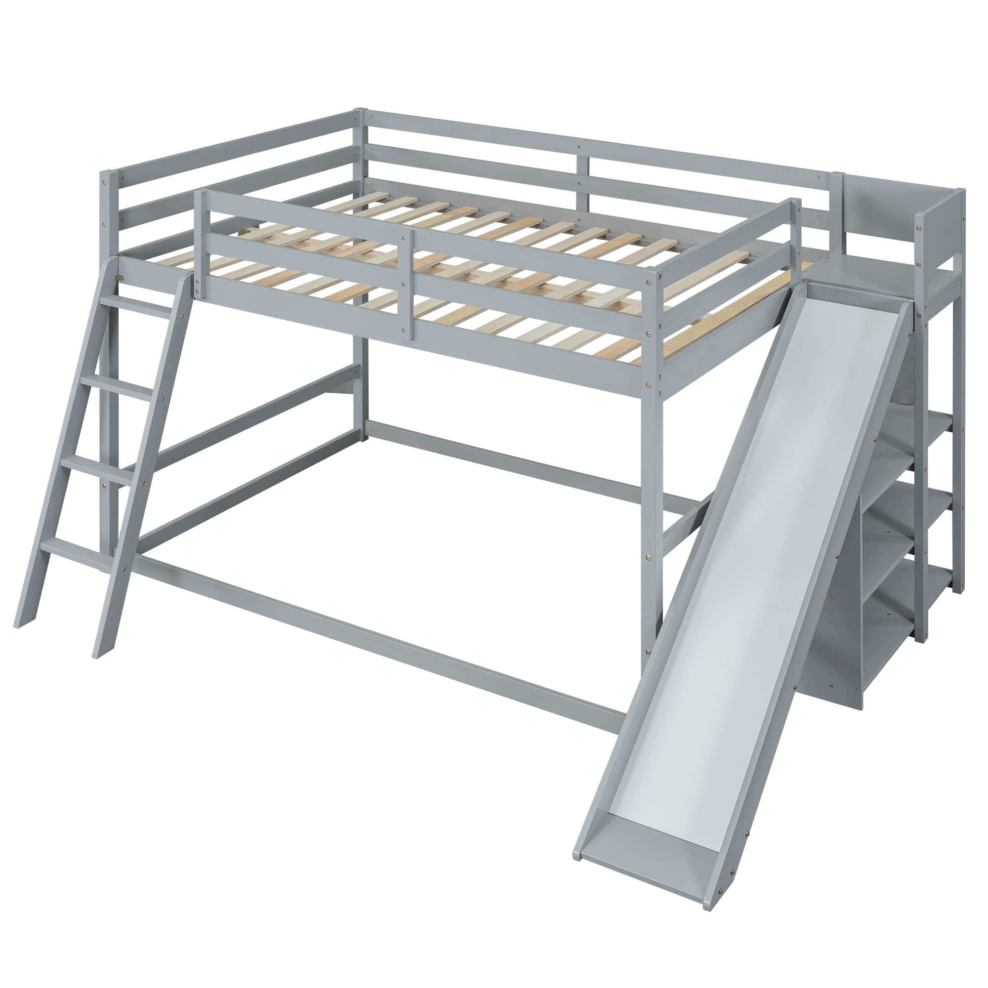 Full Over Full Bunk Beds with Slide and Storage Shelves, Wood Floor Bunk Beds Frame, Kids Bunk Bed for Bedroom, Teens Dormitory (Full Loft Bed with Slide, Gray)