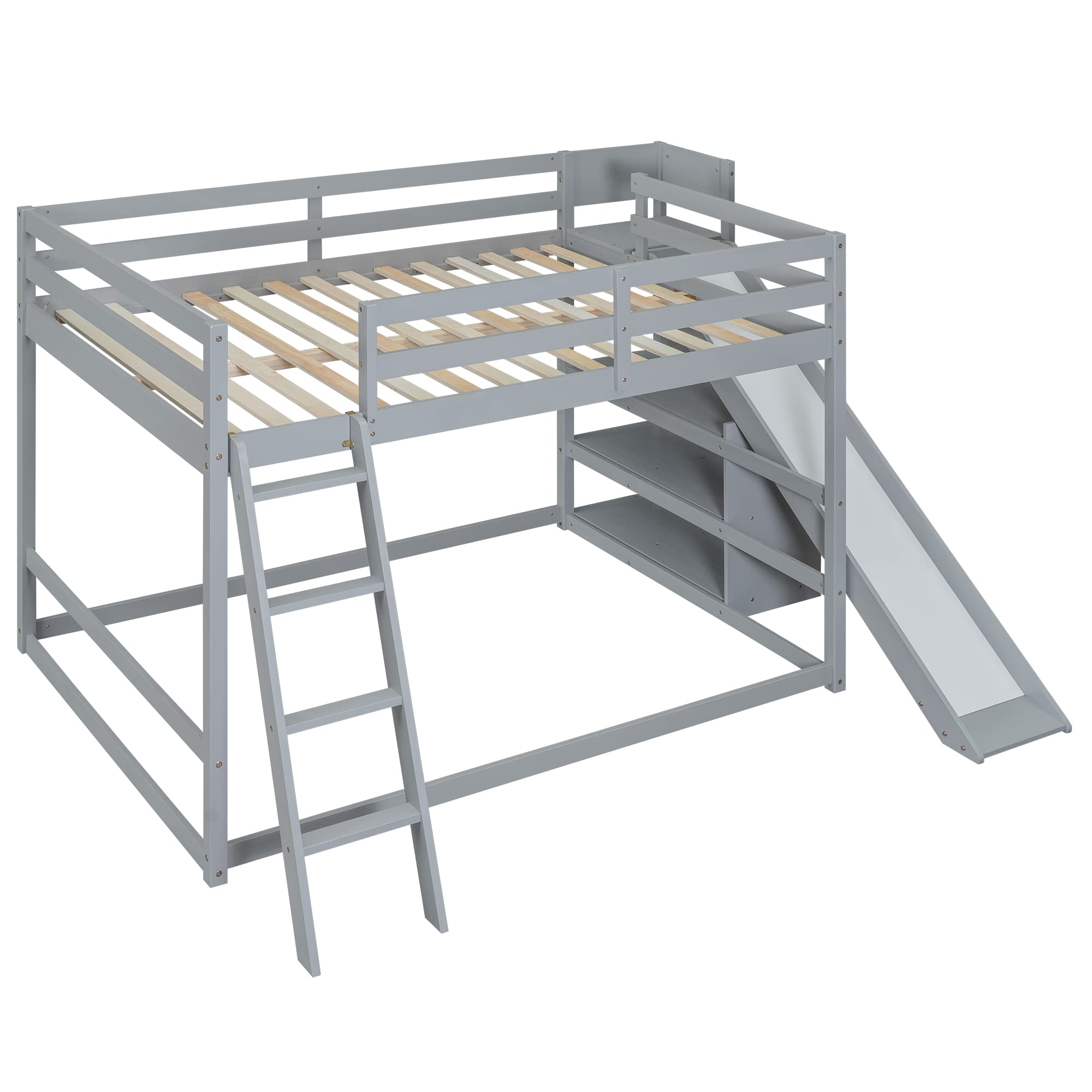 Full Over Full Bunk Beds with Slide and Storage Shelves, Wood Floor Bunk Beds Frame, Kids Bunk Bed for Bedroom, Teens Dormitory (Full Loft Bed with Slide, Gray)