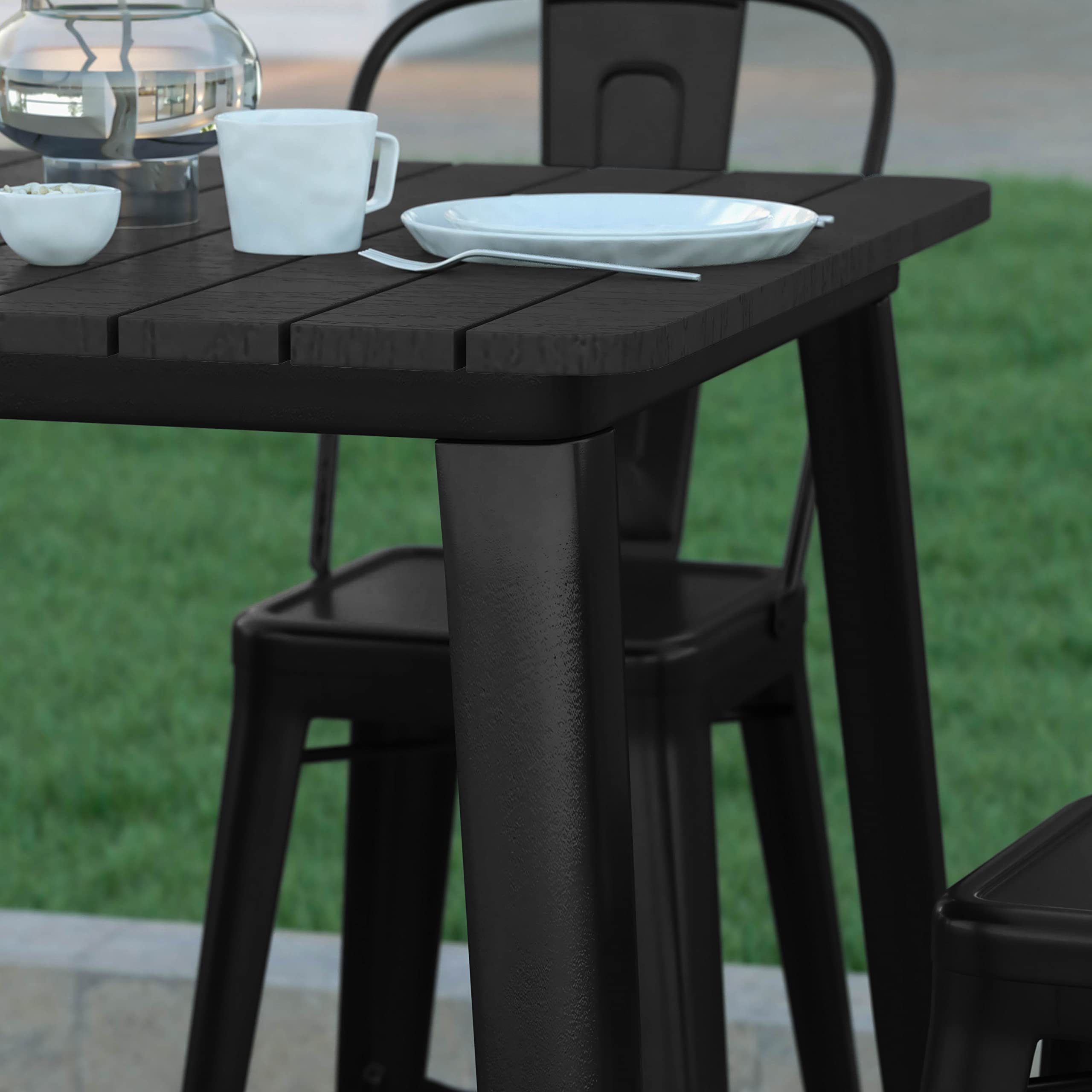 EMMA + OLIVER Drew Dining Table Bar Height - Black 31.5" Square Poly Resin Table Top - Black Steel Base - All-Weather for Indoor/Outdoor Use