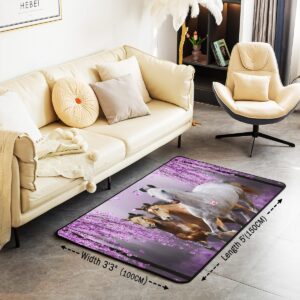 Horse Area Rug 3x5 Galloping Horse Rugs Mat for Living Room Bedroom Cherry Blossoms Decor Carpet Non Slip Area Runner Rug