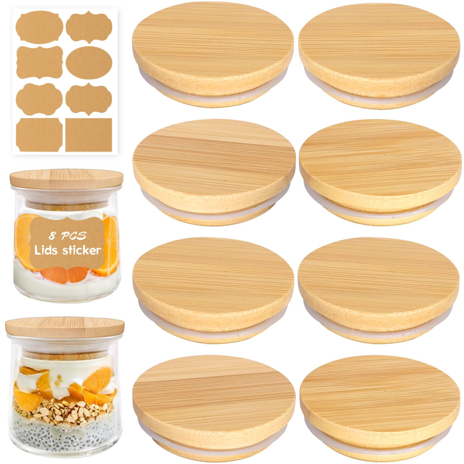 Lamnhin Oui Yogurt Jars Lids: 8 Pack of Natural Bamboo Wooden Lids with Silicone Seals and Bottle Labels for 5 Oz Oui Yogurt Jars