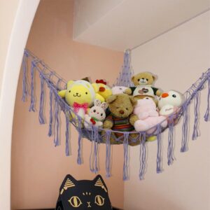 Boho Stuffed Animals Net or Hammock Large,55 inch Toy Hammock Macrame Stuff Animal Storage Corner Hanging Net Holder,Mesh Hammock Plush Toy Organizer with Hooks for Bedroom,Nursery (Purple)