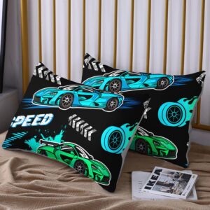 HOSIMA Child's Cartoon Sports Car Fitted Sheet 3Piece Set with 2 Pillowcases,Racing Car Bedding for Boys and Girls,Fast and Furious Extreme Sport Games Fitted Sheet,Black Twin Fitted Sheet Set.