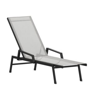 EMMA + OLIVER Braelin Adjustable Patio Chaise Lounge - Gray Textilene Seat - 5 Recline Positions - Metal Frame - All-Weather