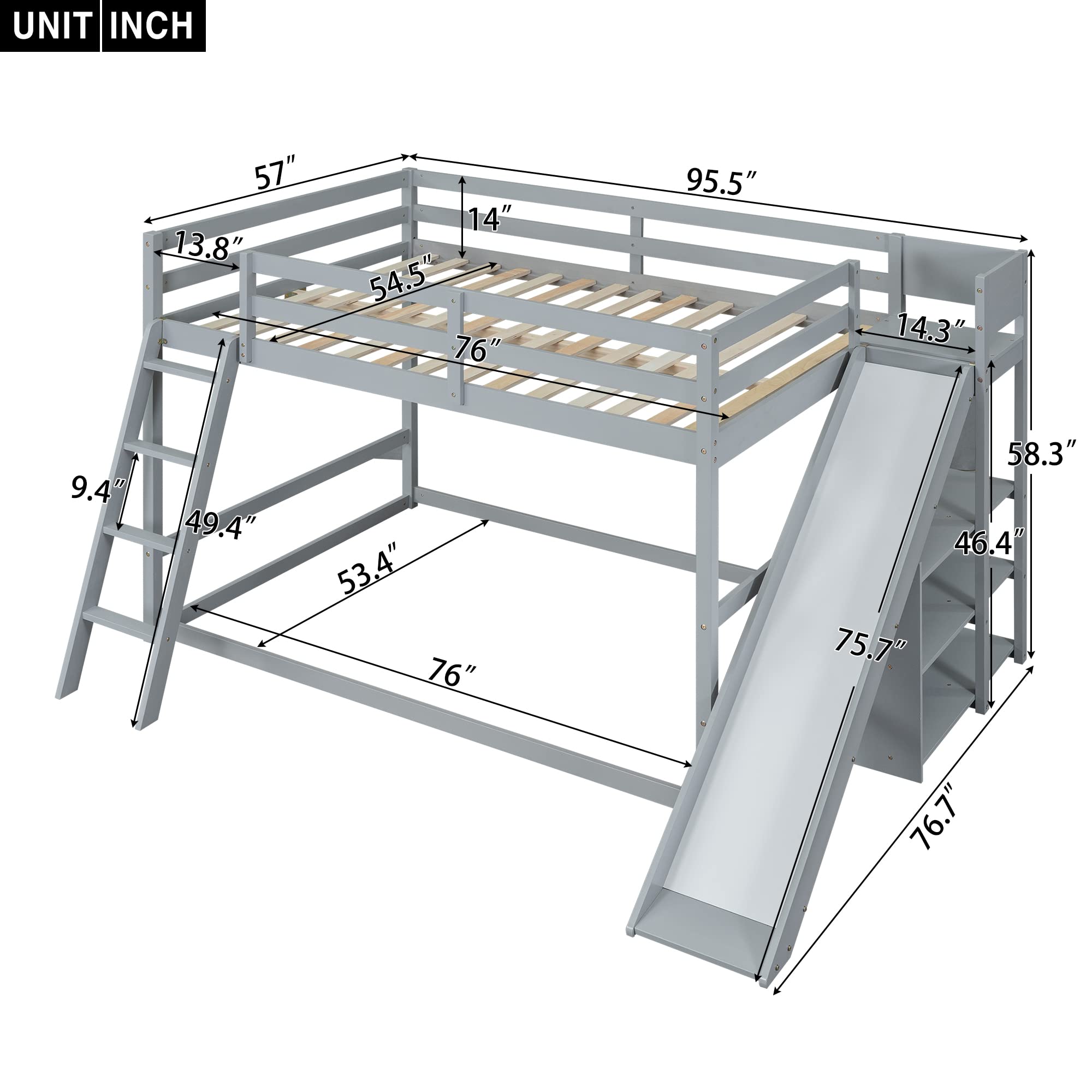 Full Over Full Bunk Beds with Slide and Storage Shelves, Wood Floor Bunk Beds Frame, Kids Bunk Bed for Bedroom, Teens Dormitory (Full Loft Bed with Slide, Gray)