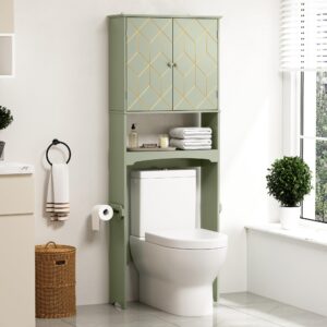 azody over the toilet storage cabinet with gold trim, modern bathroom organizer over toilet with adjustable shelves and toilet paper holder for bathroom (green)