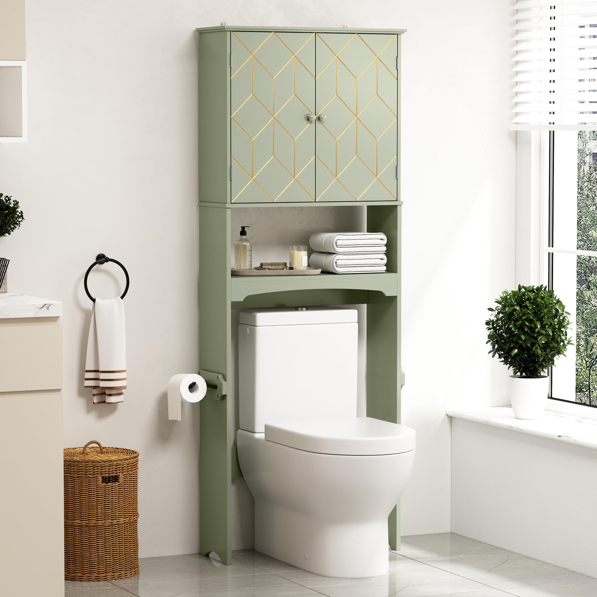 AZODY Over The Toilet Storage Cabinet with Gold Trim, Modern Bathroom Organizer Over Toilet with Adjustable Shelves and Toilet Paper Holder for Bathroom (Green)