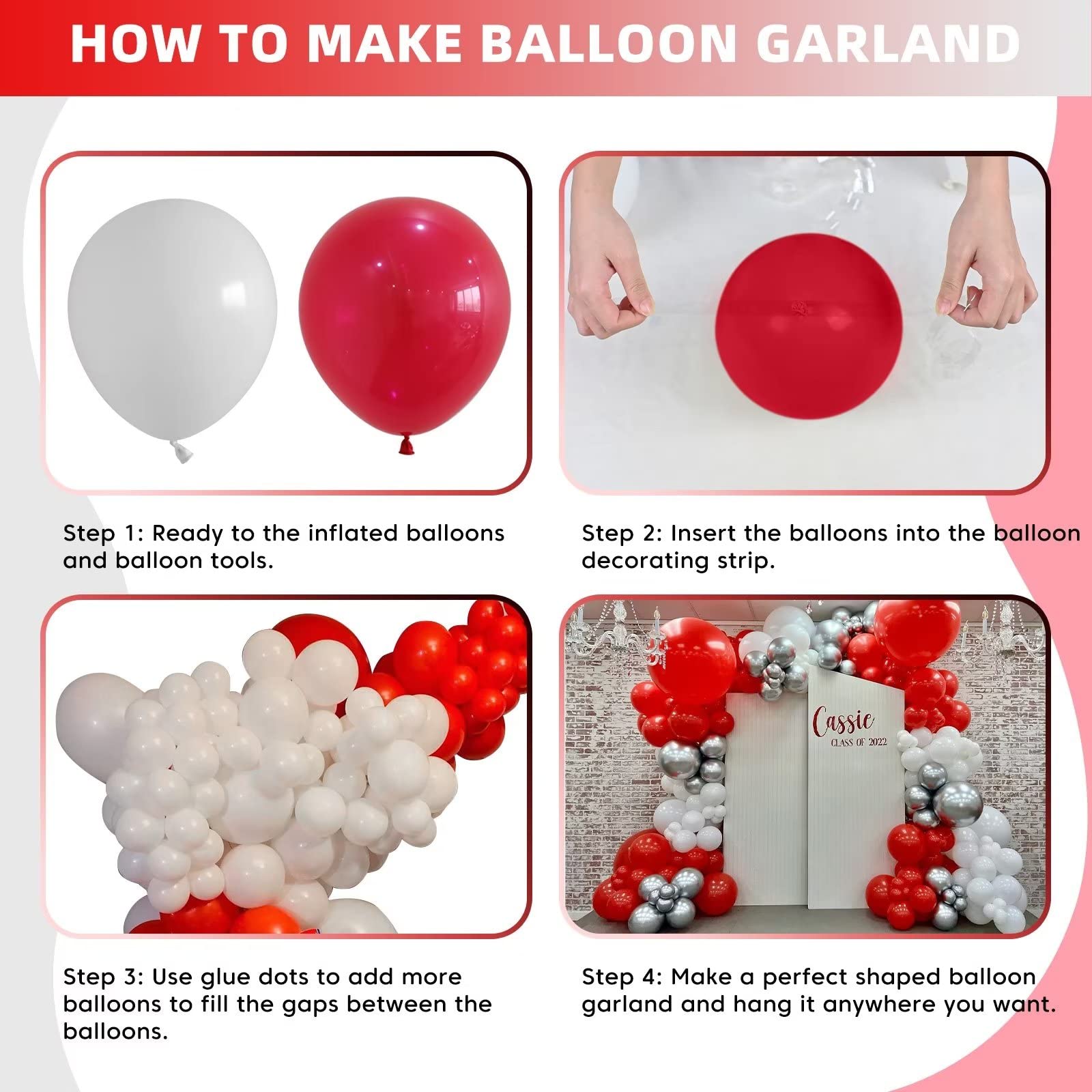 Red and White Balloon Arch Kit, Red and White Balloon Garland Kit, Red and White Latex Balloons Different Sizes 18/12/10/5 inch for Bridal Shower Engagement Anniversary Bachelorette Party Decorations