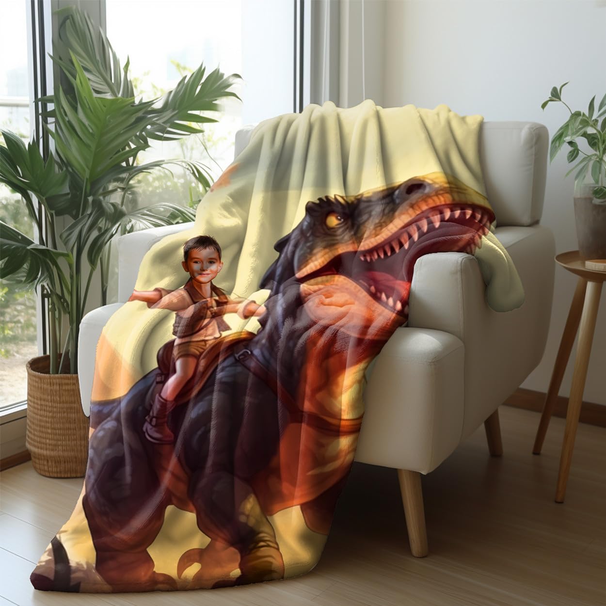 Personalized Dinosaur Blanket Velociraptor Jurassic Dinosaur Photo Face Blanket Dinosaur Birthday Gifts for Boys