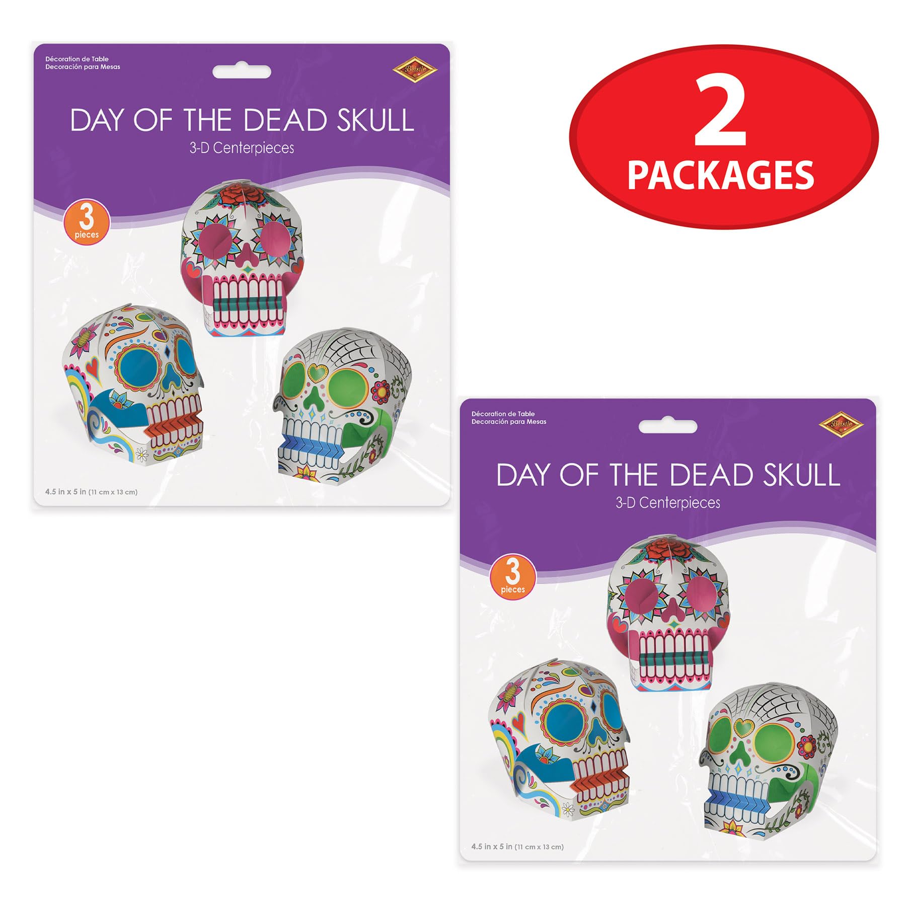 Beistle 6 Piece Three Dimensional Sugar Skull Day of The Dead Centerpieces Eye-Catching Dia De Los Muertos Party Decorations, Made in USA Since 1900, 5" x 4.5", Multicolor