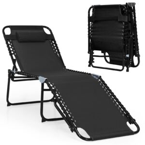 costway folding chaise lounge chair, foldable pool lounger with 4-position adjustable backrest, 2-position footrest & soft pillow, patio tanning chair for beach, poolside (1, black)