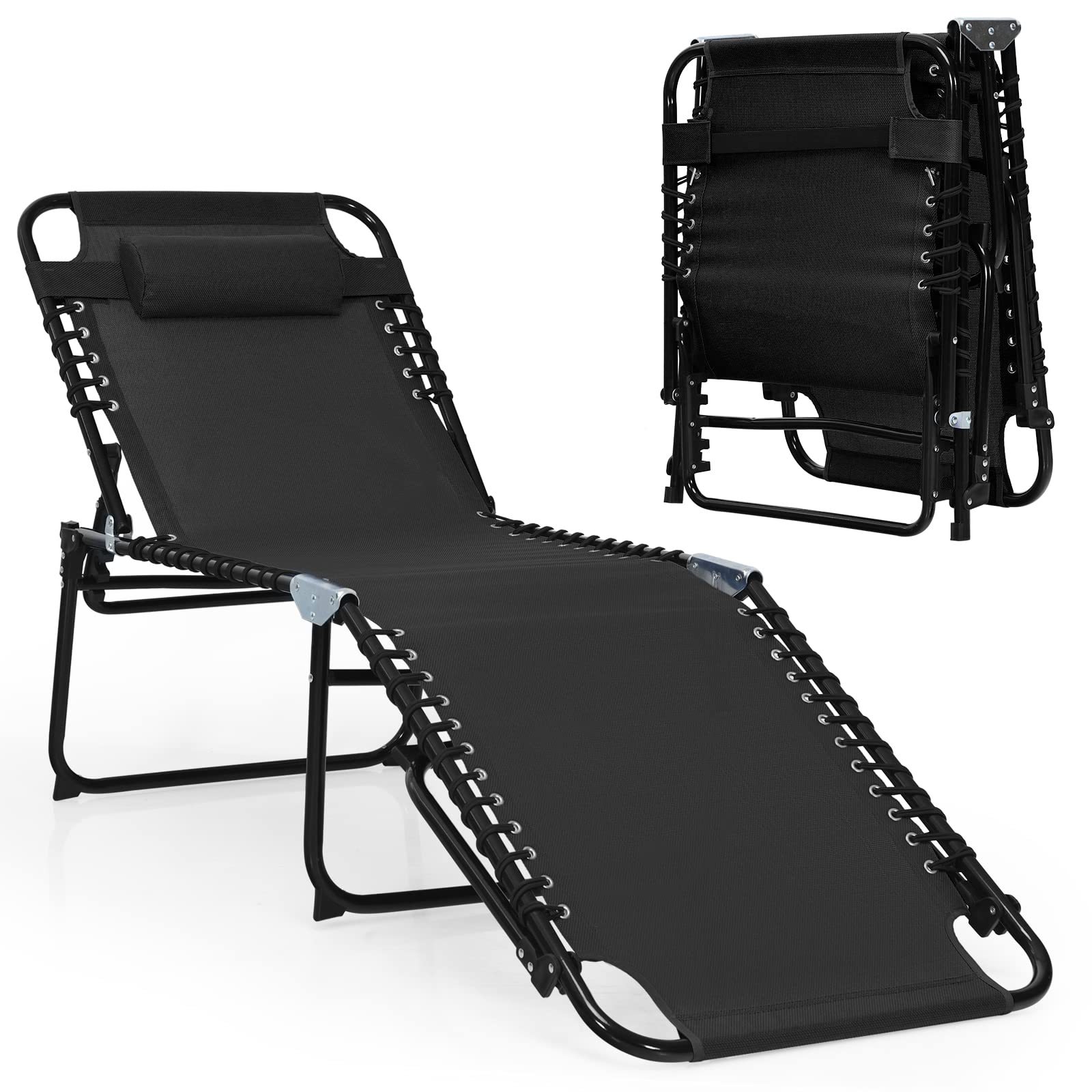 COSTWAY Folding Chaise Lounge Chair, Foldable Pool Lounger with 4-Position Adjustable Backrest, 2-Position Footrest & Soft Pillow, Patio Tanning Chair for Beach, Poolside (1, Black)