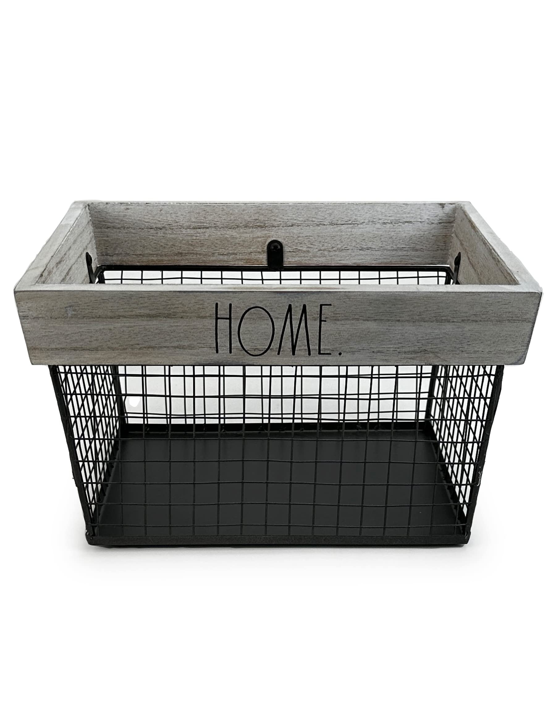 Rae Dunn Home Wire Storage Basket – Metal and Solid Wood Organizer – Black and White Wash Decorative Storage Bin – for Bedroom, Living Room, Closet and More