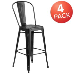 EMMA + OLIVER 4 Pack 30" High Distressed Black Metal Indoor-Outdoor Barstool with Back