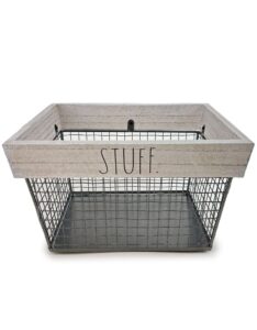 rae dunn stuff wire storage basket – metal and solid wood organizer – decorative storage bin – home & office organizers for desk, bedroom, living room, closet and more natural /instuff/in