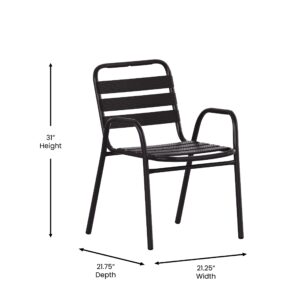 EMMA + OLIVER Jens Stacking Metal Dining Chair - Indoor/Outdoor Dining Chair with Triple Slat Back and Armrests - Dry Assist Slats - Black