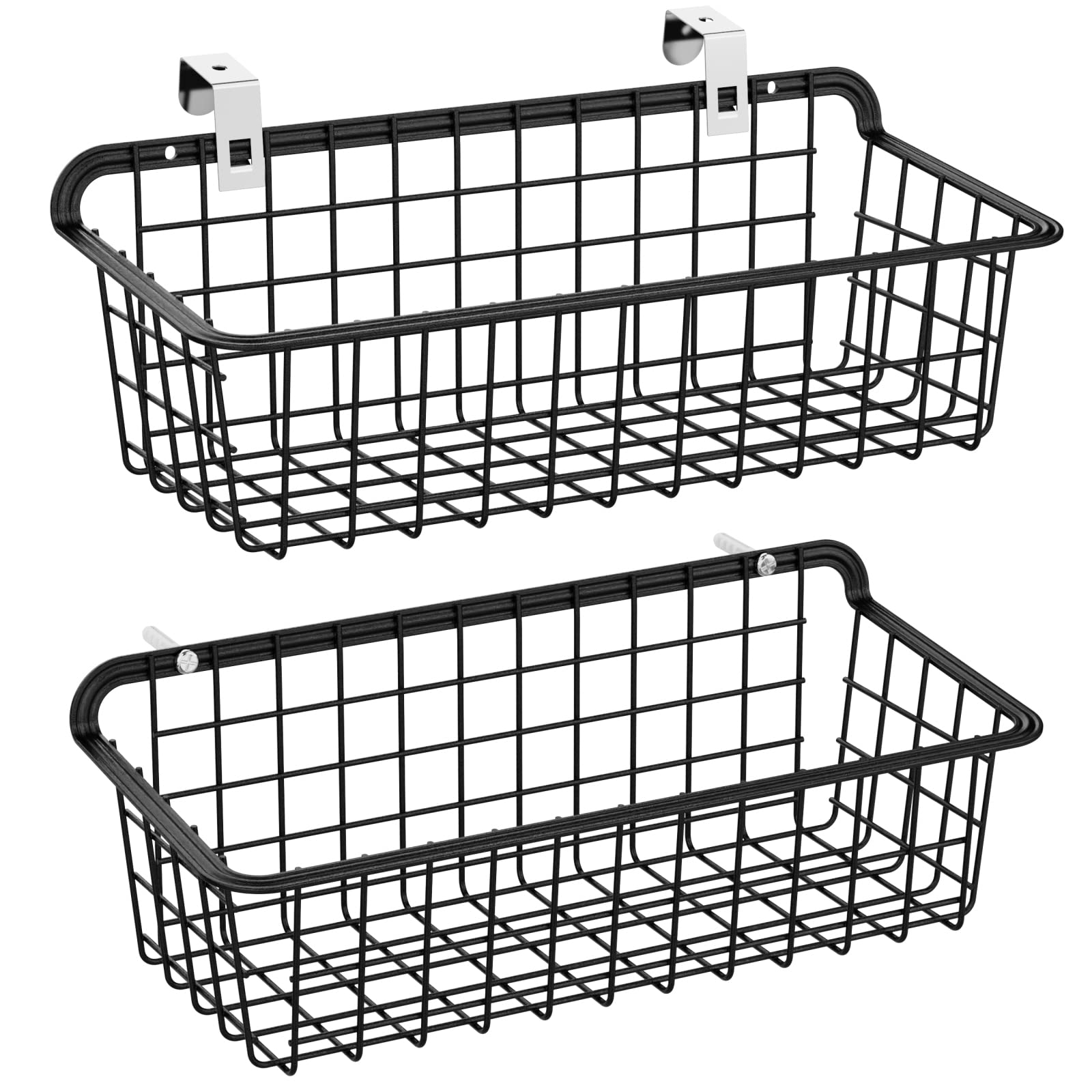 iSPECLE 2 Pack Black Metal Wall Basket, Durable and Sturdy, Adds Storage Space in Bathroom and Kitchen, Easy to Install, Holds Up to 11lb