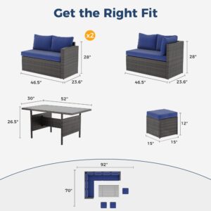 Wisteria Lane Outdoor Patio Furniture Set, 7 Piece Outdoor Dining Sectional Sofa with Dining Table and Chair, All Weather Wicker Conversation Set with Ottoman,Blue