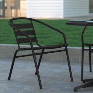 emma + oliver jens stacking metal dining chair - indoor/outdoor dining chair with triple slat back and armrests - dry assist slats - black