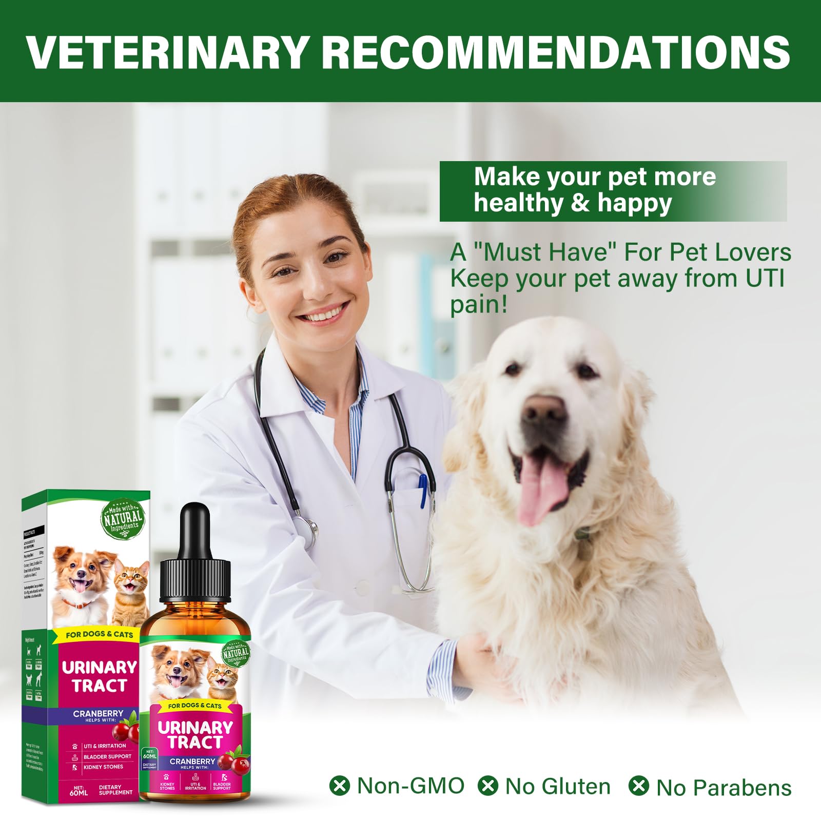 Urinary Tract Infection Treatment Drops for Dogs, UTI Treatment with Cranberry-Kidney for Pet Renal Health, Prevent Incontinence & Bladder Stones