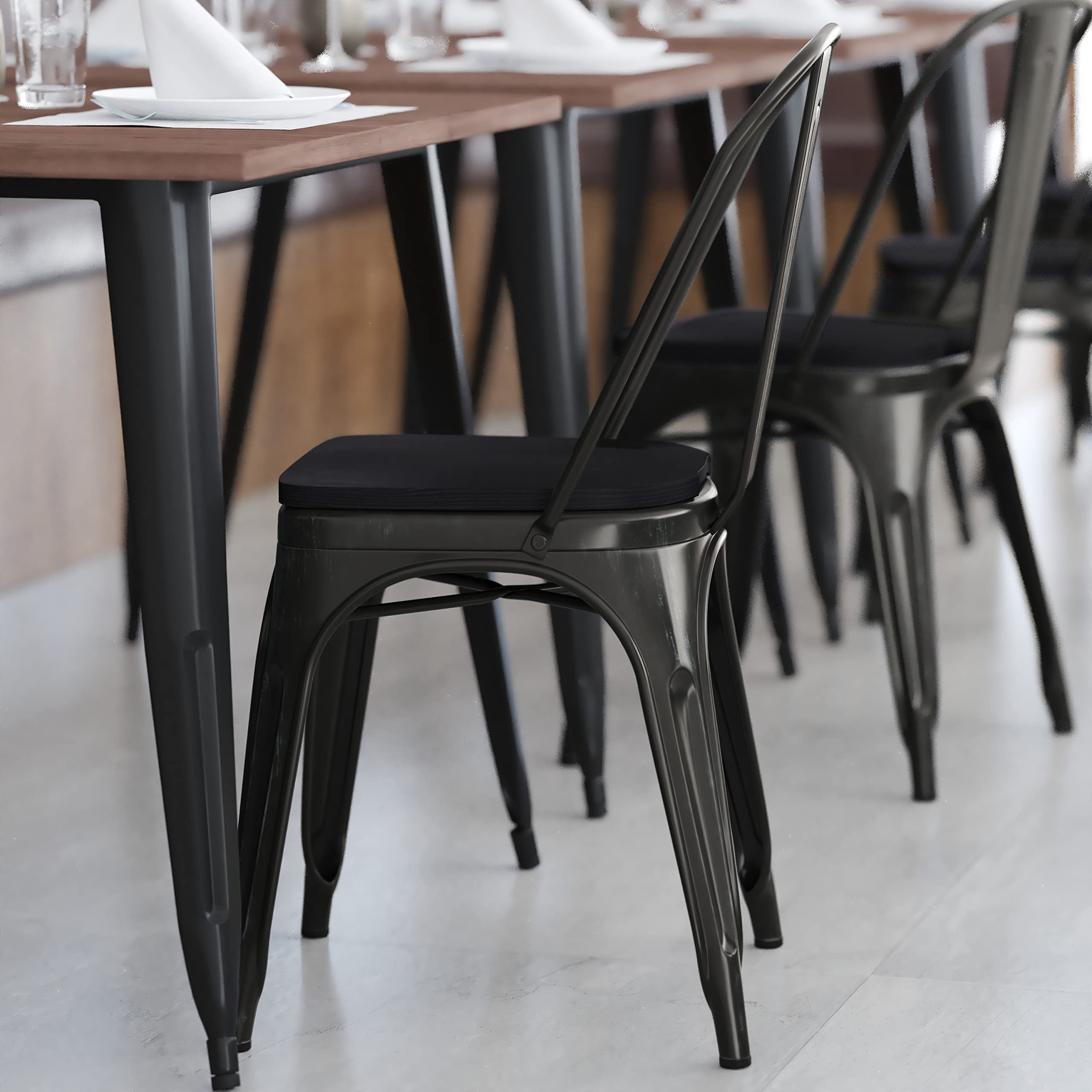 EMMA + OLIVER Perth Stacking Dining Chair - Antique Black Galvanized Steel Frame - Black Polyresin Seat - for Indoor/Outdoor Use