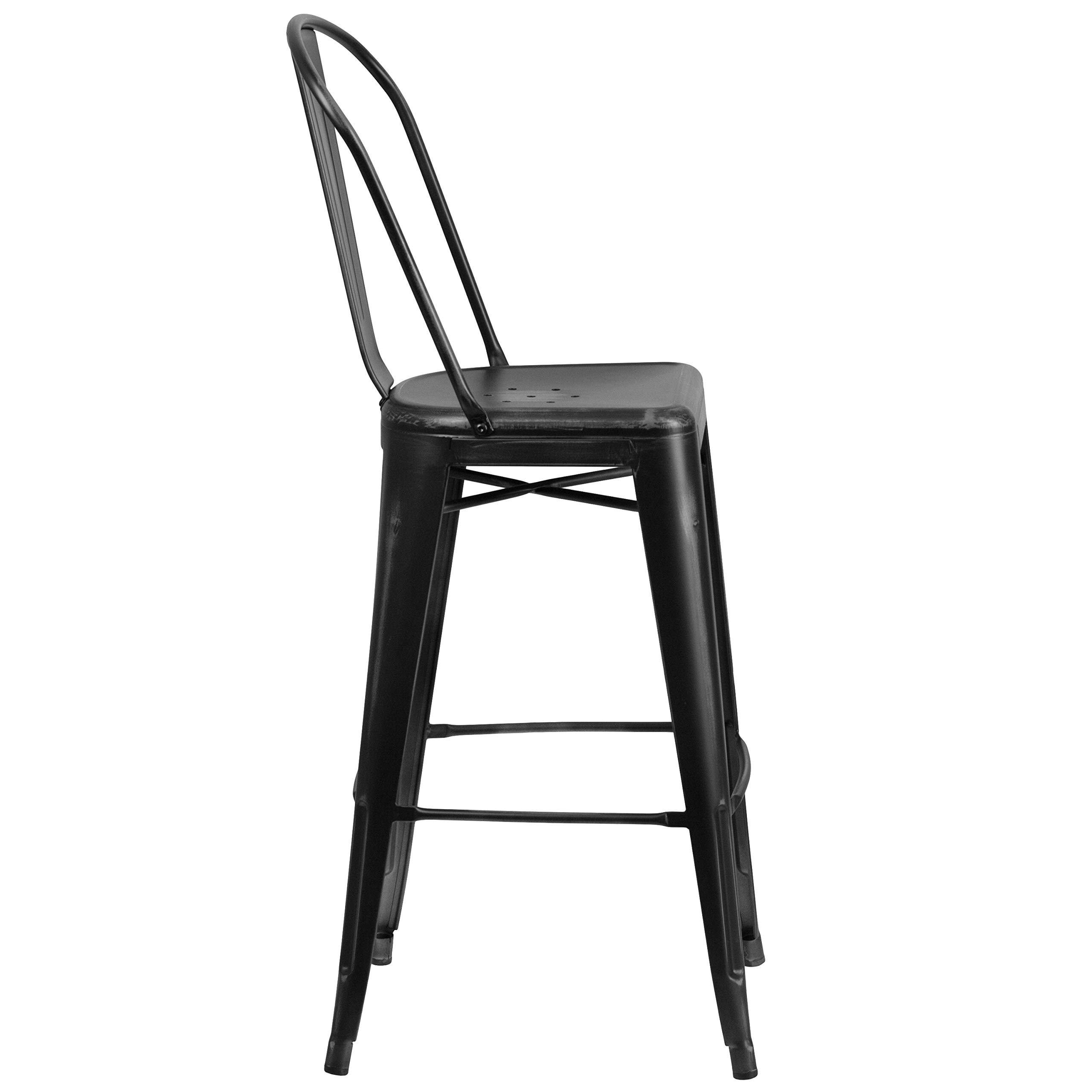 EMMA + OLIVER 4 Pack 30" High Distressed Black Metal Indoor-Outdoor Barstool with Back