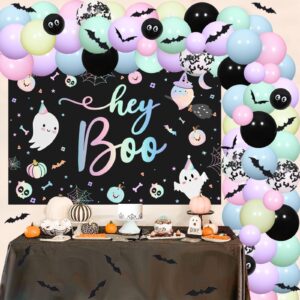 Pastel Halloween Party Decorations Halloween Balloon Garland Arch Kit with Hey Boo Backdrop Bat Wall Stickers for Halloween Baby Shower Birthday Party Supplies