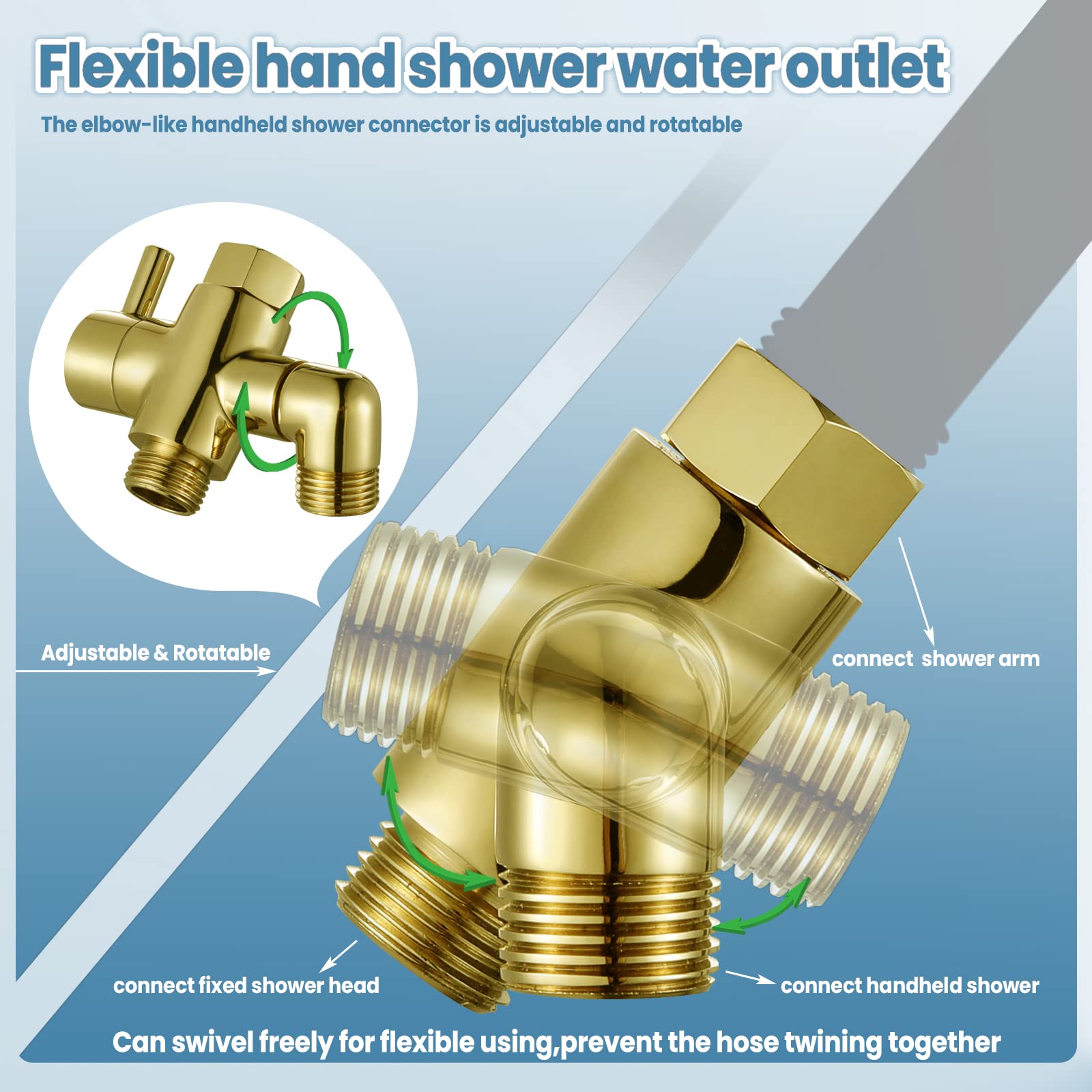 YDmeet Shower Head Holder for Handheld Shower Wand and Shower Diverter Valve with Elbow Outlet Desgin, All Metal Brass, Polished Gold