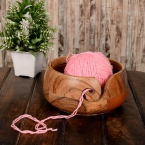 Samhita Acacia Wood Wooden Yarn Bowl for Crocheting & Knitting Hand Made by Indian Artisans Birthday Gifts for Mom & Knitting Lovers (6" x 6" x 3")