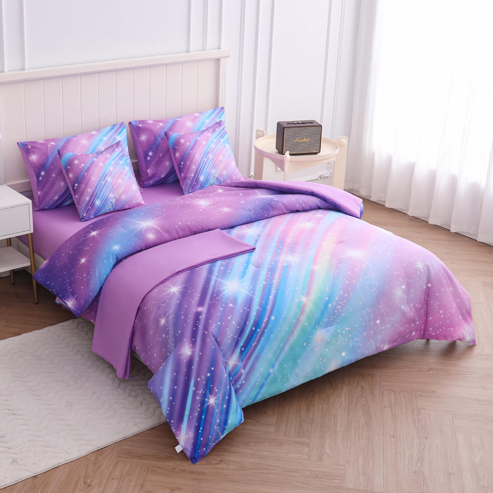 BQH Twin Comforter Set for Girls Galaxy Bedding 7pieces, Ombre Bedding Comforter Sets Rainbow Comforter, Glitter Bedding Twin Teen Comforter Sets for Girls (Twill Rainbow)