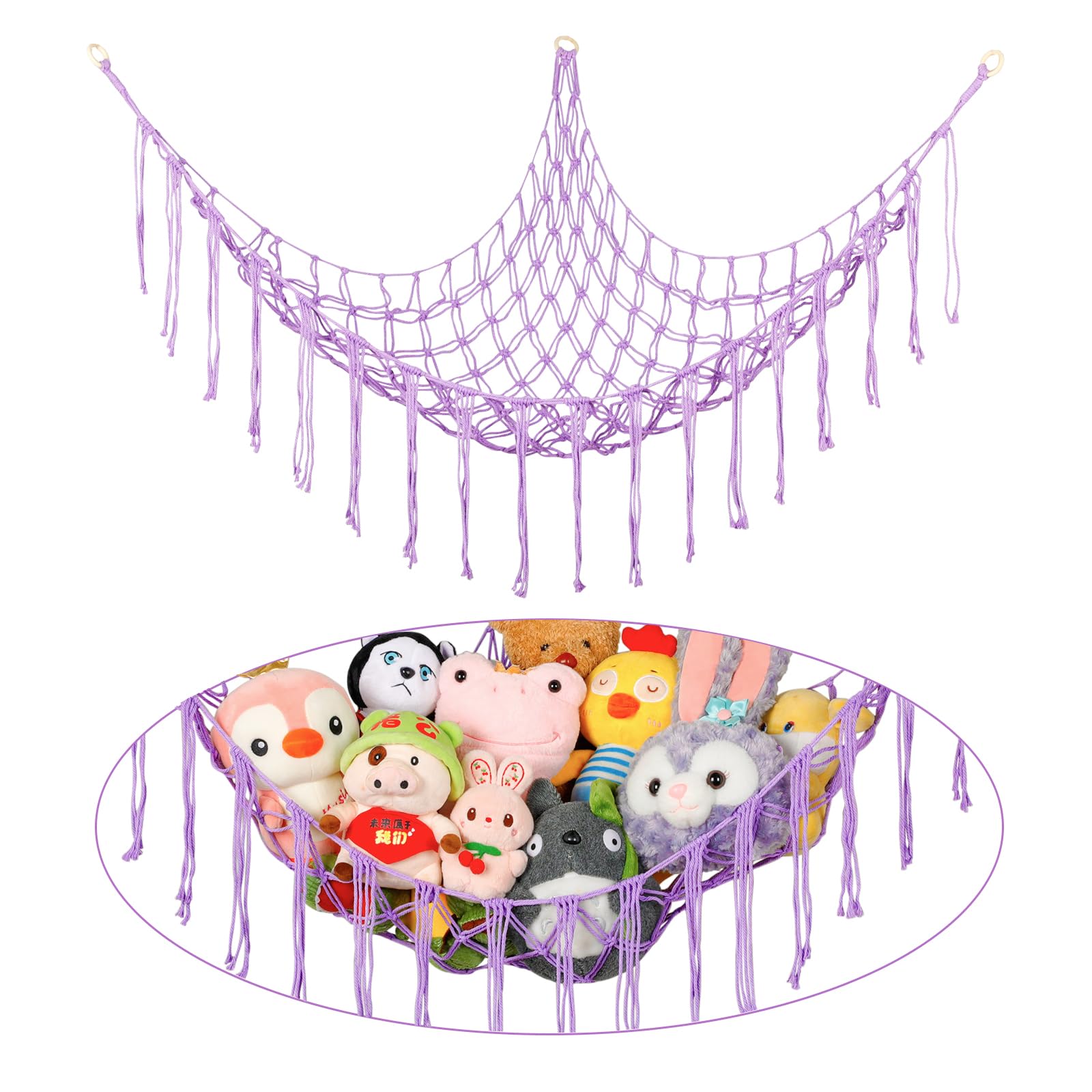 Boho Stuffed Animals Net or Hammock Large,55 inch Toy Hammock Macrame Stuff Animal Storage Corner Hanging Net Holder,Mesh Hammock Plush Toy Organizer with Hooks for Bedroom,Nursery (Purple)