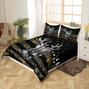 Erosebridal Camouflage Queen Duvet Cover, American Flag Themed Bedding Set for Boys Men, Reindeer Elk Deer Hunting Comforter Cover, Camo Military Green Queen Bed Set Hunter Wild Animal Decor Black