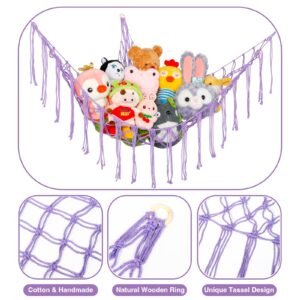 Boho Stuffed Animals Net or Hammock Large,55 inch Toy Hammock Macrame Stuff Animal Storage Corner Hanging Net Holder,Mesh Hammock Plush Toy Organizer with Hooks for Bedroom,Nursery (Purple)