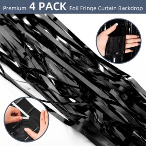 4 Pack 3.2ft x 8.2ft Black Foil Fringe Curtain Backdrop Metallic Tinsel Foil Fringe Curtains Photo Booth Backdrop for Birthday Party Decorations Christmas Baby Shower Party Decorations (Black)