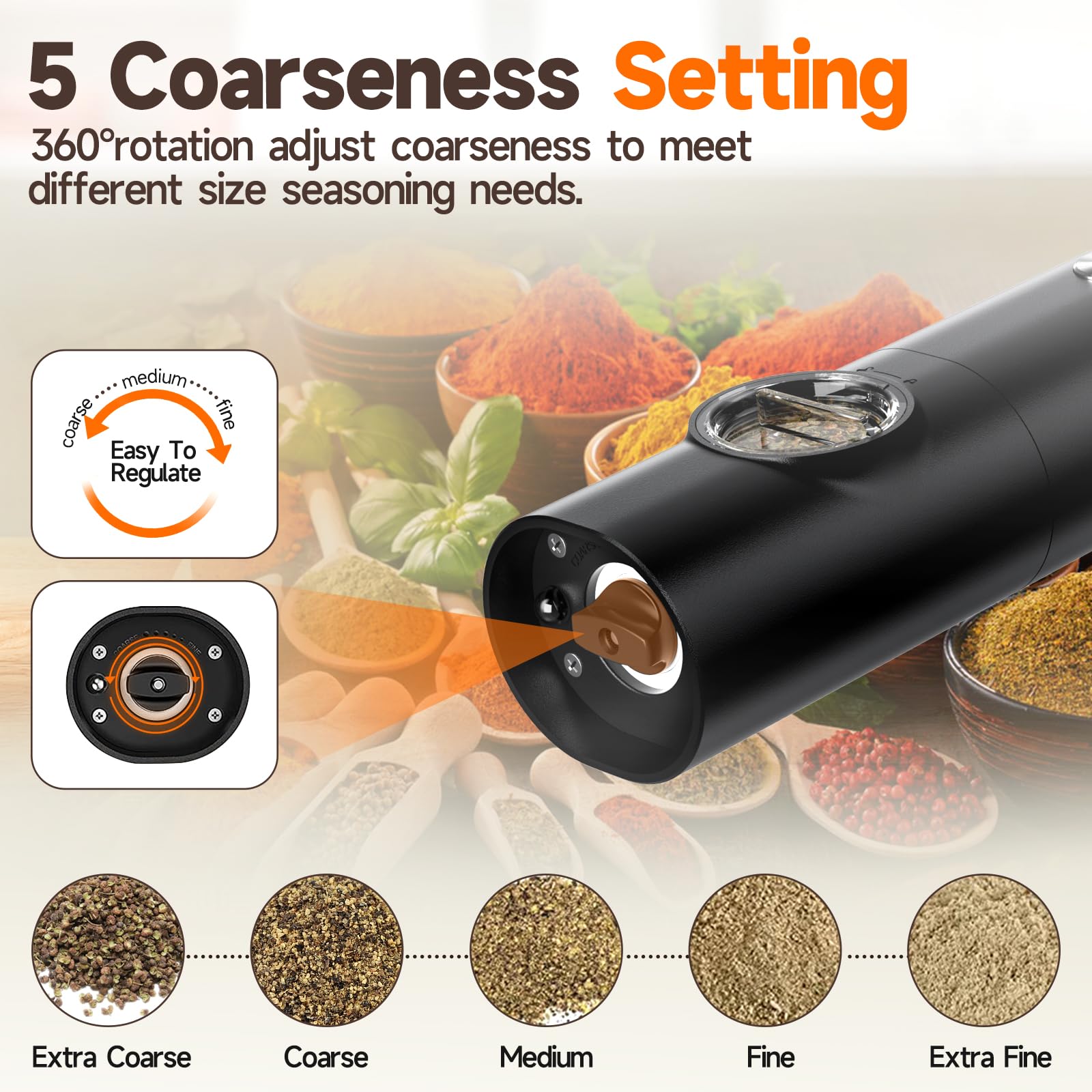 Electric Salt and Pepper Grinder Set (2 Pack), USB Rechargeable One Hand Operation, Adjustable Coarseness Mill Grinders Shakers LED Light, Automatic Pepper Grinder for Kitchen Gadgets Gifts