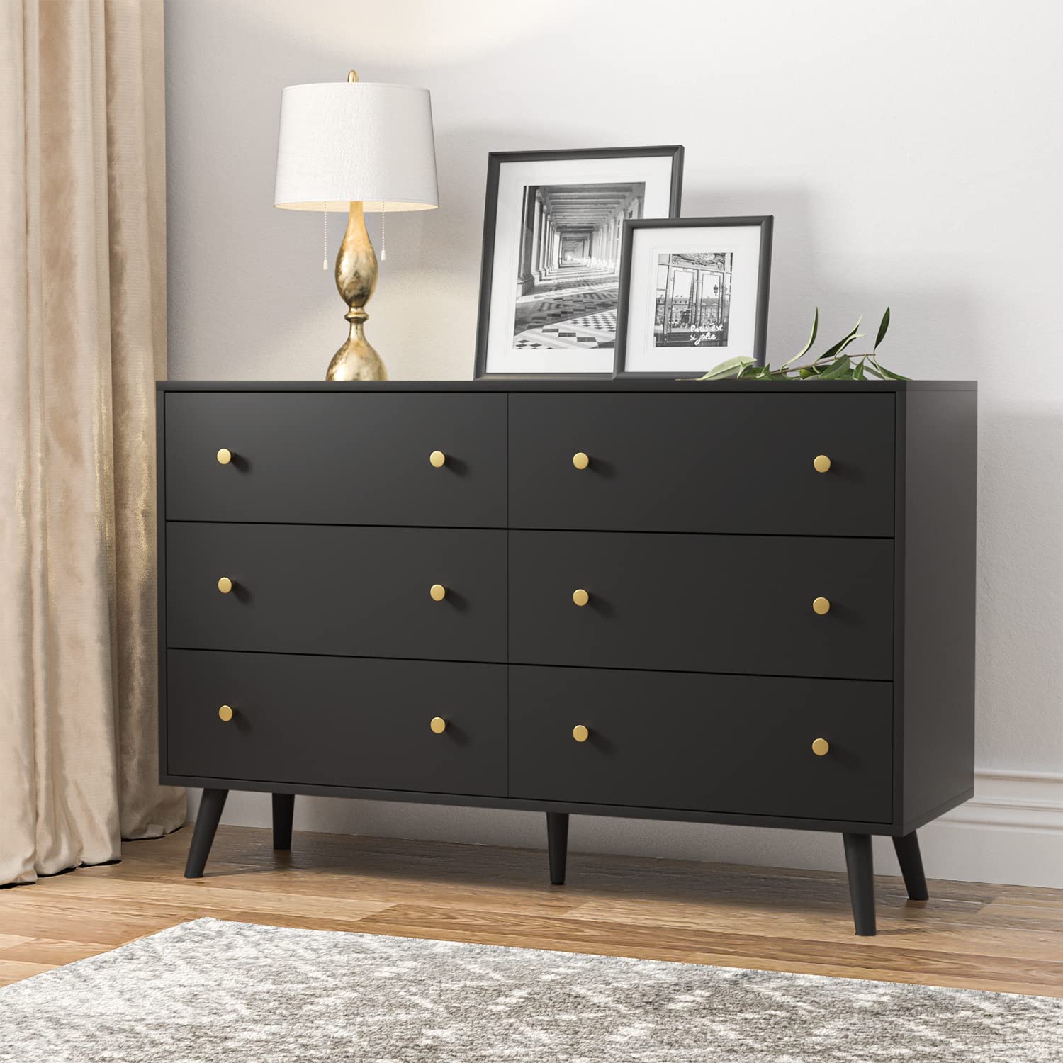 SINROM Black Dresser for Bedroom, Modern 6 Drawer Dresser, Wide Chest of Drawers with Gold Handles, Wood Double Dresser Storage Cabinet for Living Room, Bedroom, Hallway