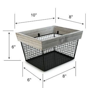 Rae Dunn Home Wire Storage Basket – Metal and Solid Wood Organizer – Black and White Wash Decorative Storage Bin – for Bedroom, Living Room, Closet and More